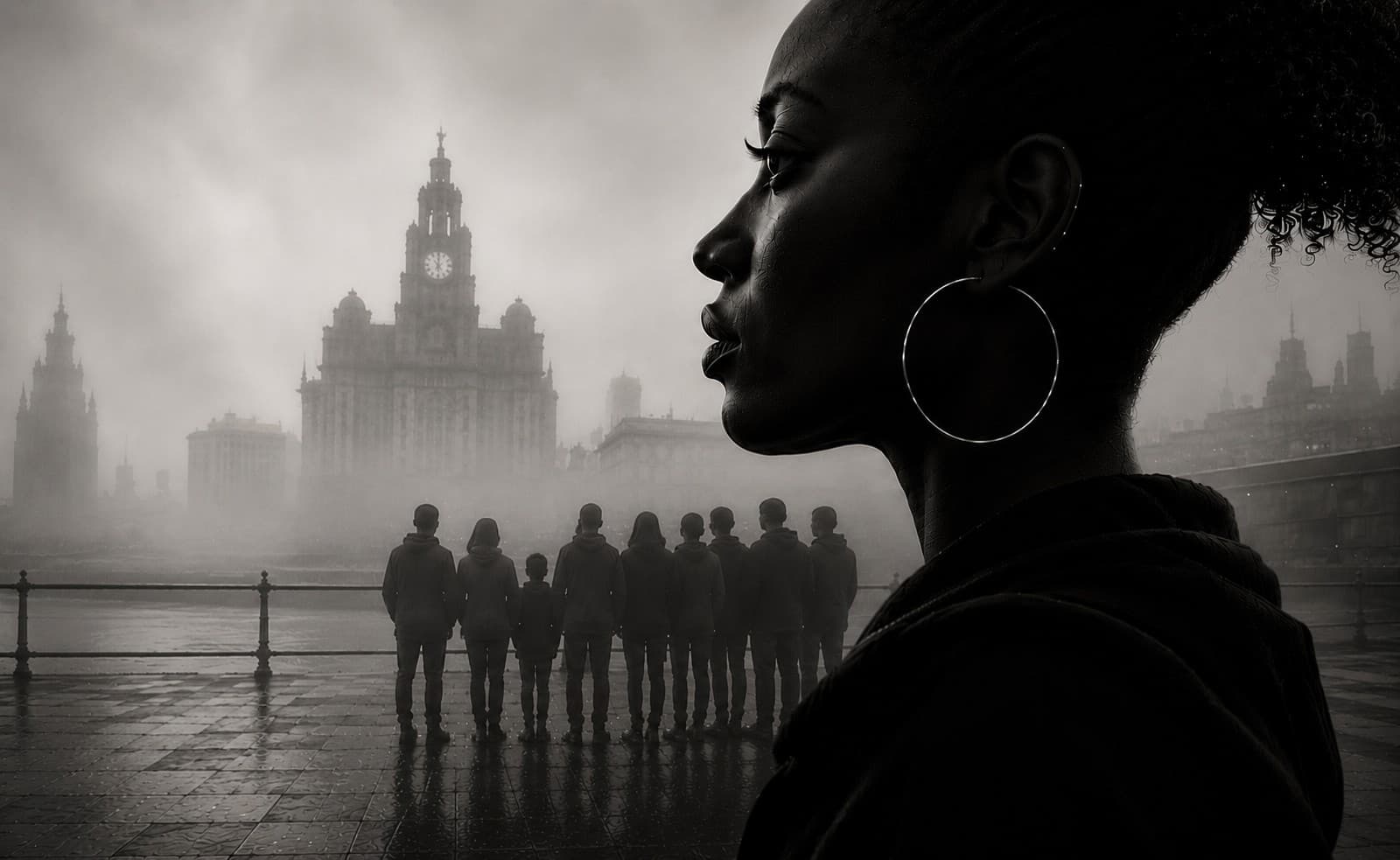 A choir member looks out over the Liverpool waterfront, with the rest of the choir gathered by the Royal Liver Building